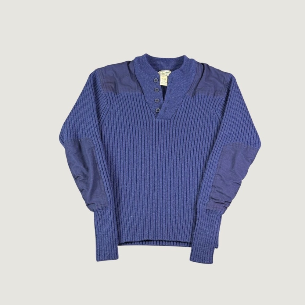 LL Bean Merino Lambswool Commando Henley Sweater Navy Blue M 228198